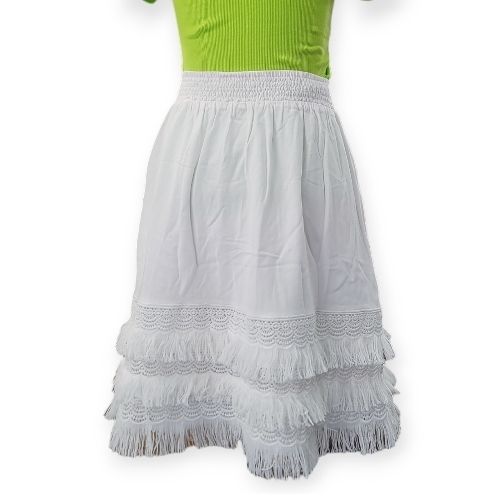 Solitaire Embroidered Fringe Boho chic Midi skirt